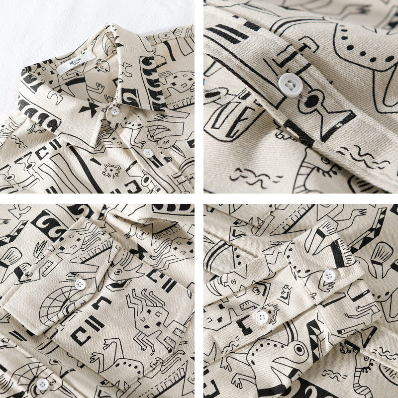 Men's Lightweight Cotton Overshirt with Artistic Line Print and Double Chest Pocket Chichicherry