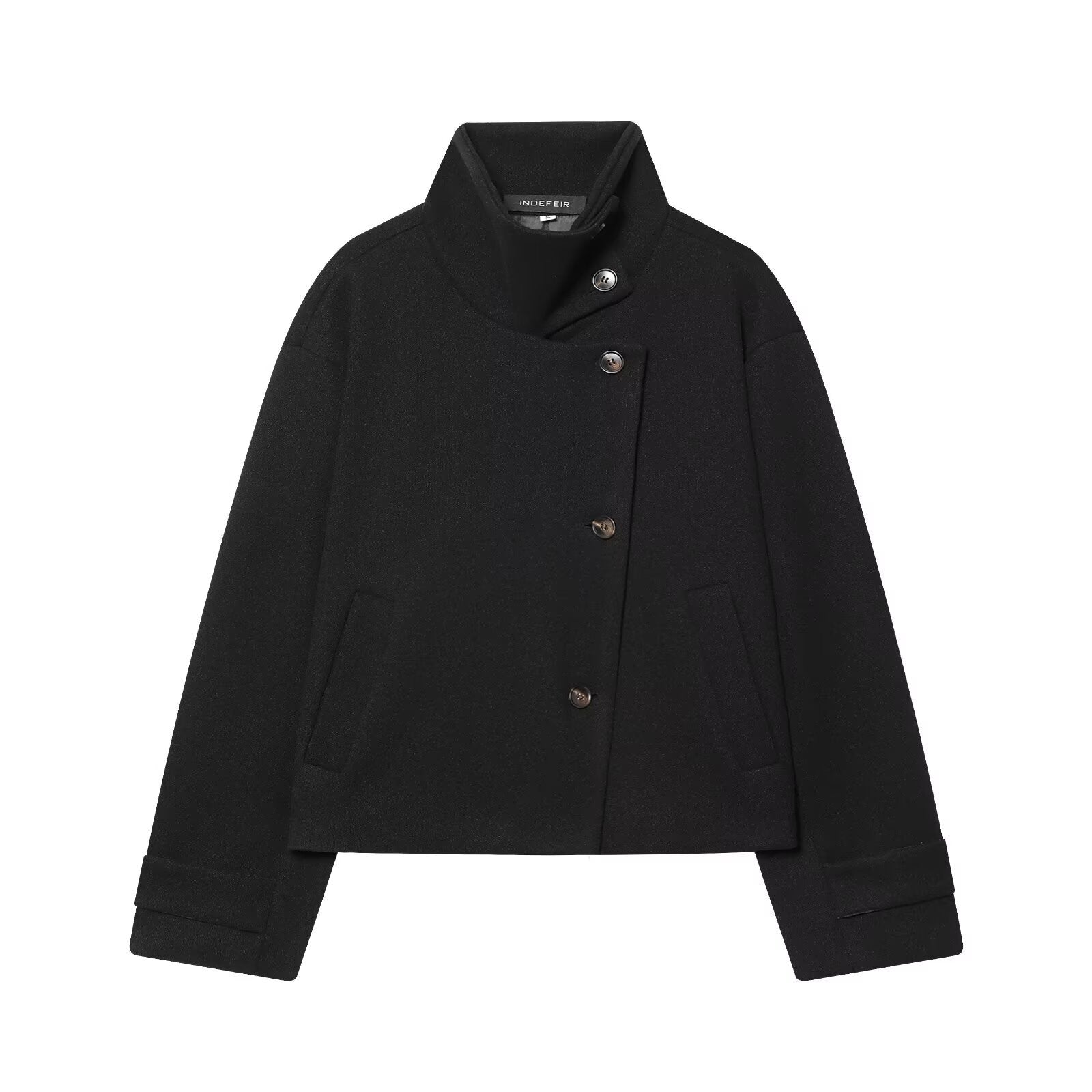 Women's Short Boxy Wool Coat with Asymmetrical Button Placket and Stand-up Collar Chichicherry