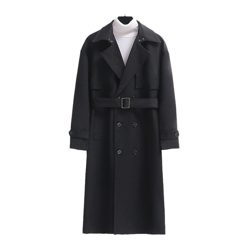 Men's Long Double-Breasted Trench Coat with Waist Belt and Oversized Shawl Collar Chichicherry