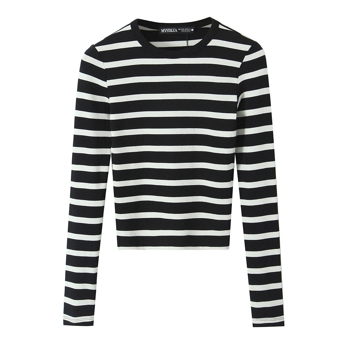 Women Striped Cropped Long Sleeve Shirt with Round Neckline Chichicherry