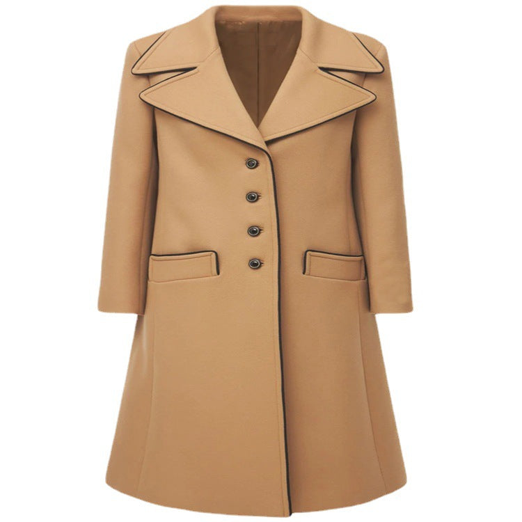 Ladies Tailored Wool Blend Coat with Wide Lapels and Flared Skirt Chichicherry