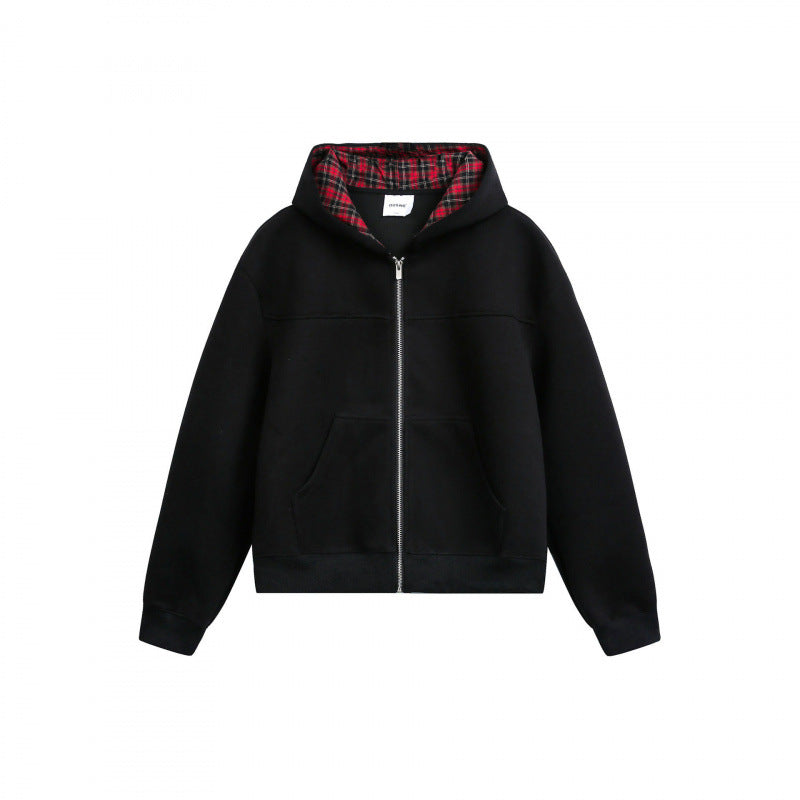 Women's Boxy Hooded Sweat Jacket with Full Zip, Checkered Lined Hood and Kangaroo Pockets Chichicherry