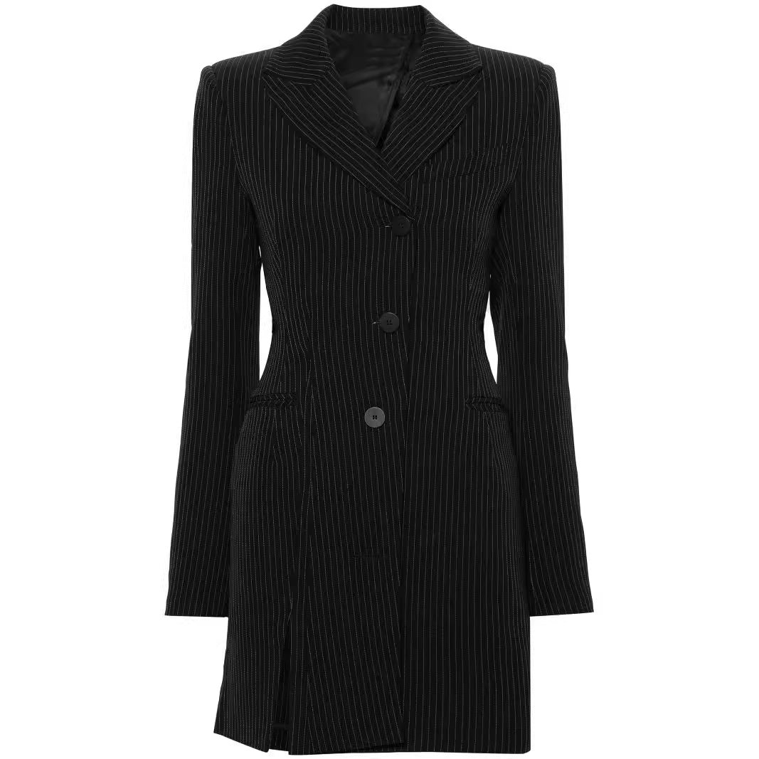 Women Tailored Pinstripe Blazer Dress with Single-Breasted, Slit and Slim Silhouette Chichicherry