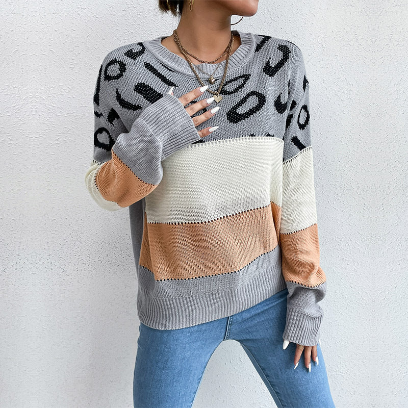 Women's oversized fine knit pullover with leopard jacquard, block stripes & open seam