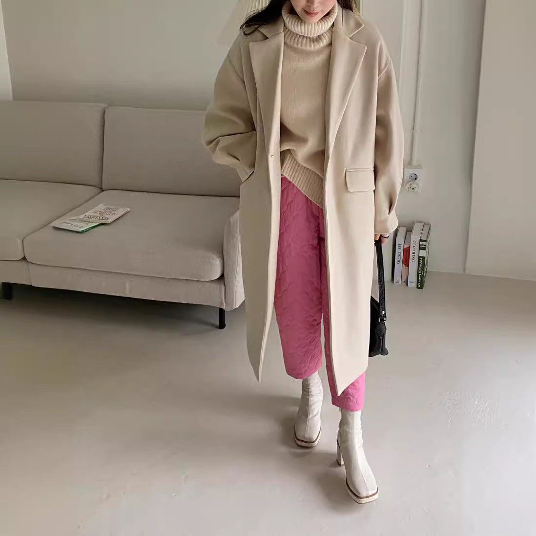 Women Longline Wool Blend Coat with boxy oversized fit and clean lapel Chichicherry