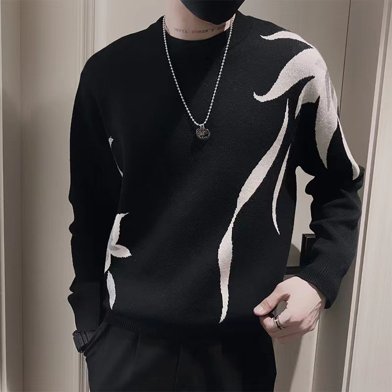Herren Strickpullover mit abstraktem Flammen‑Jacquard und Rundhalsausschnitt Chichicherry