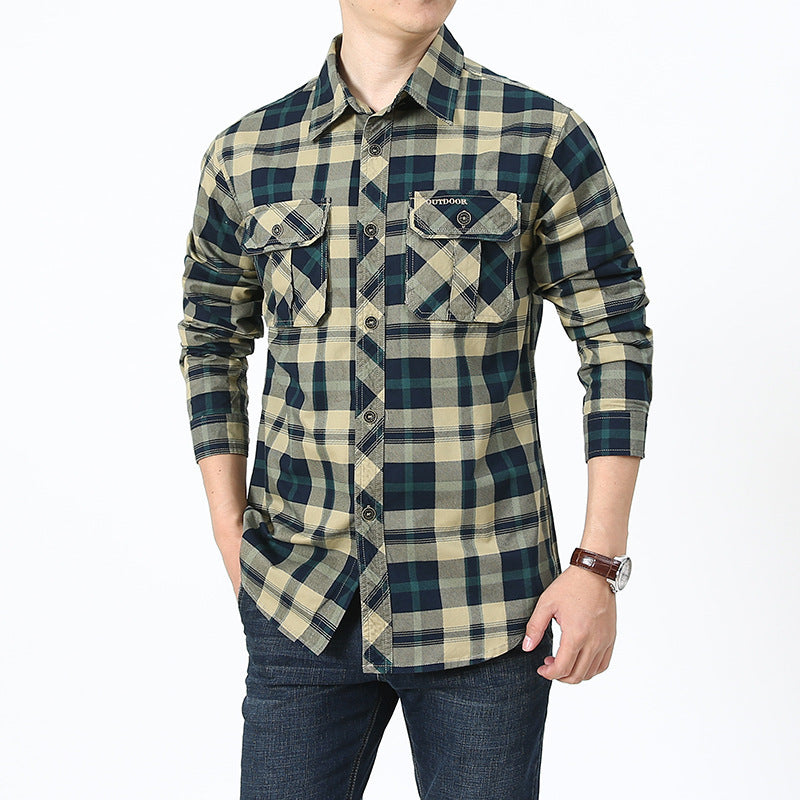 Men's plaid flannel shirt in worker style with chest patch pockets Chichicherry