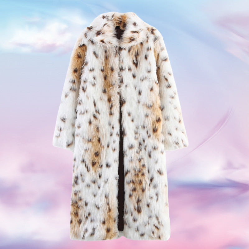 Women's Long Oversized Faux Fur Coat with Spotted Wildcat Print and Stand Collar Chichicherry