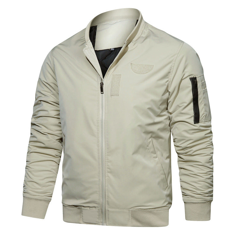 Men's lightweight nylon bomber with minimalist stand-up collar, sleeve organizer, and wind-resistant shell Chichicherry