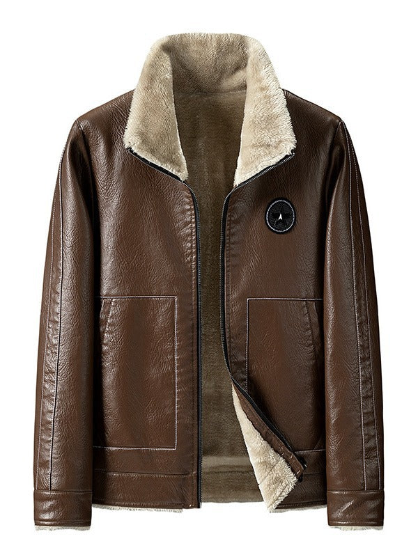 Men's Faux Leather Pilot Jacket with Sherpa Lining and Zip Chichicherry