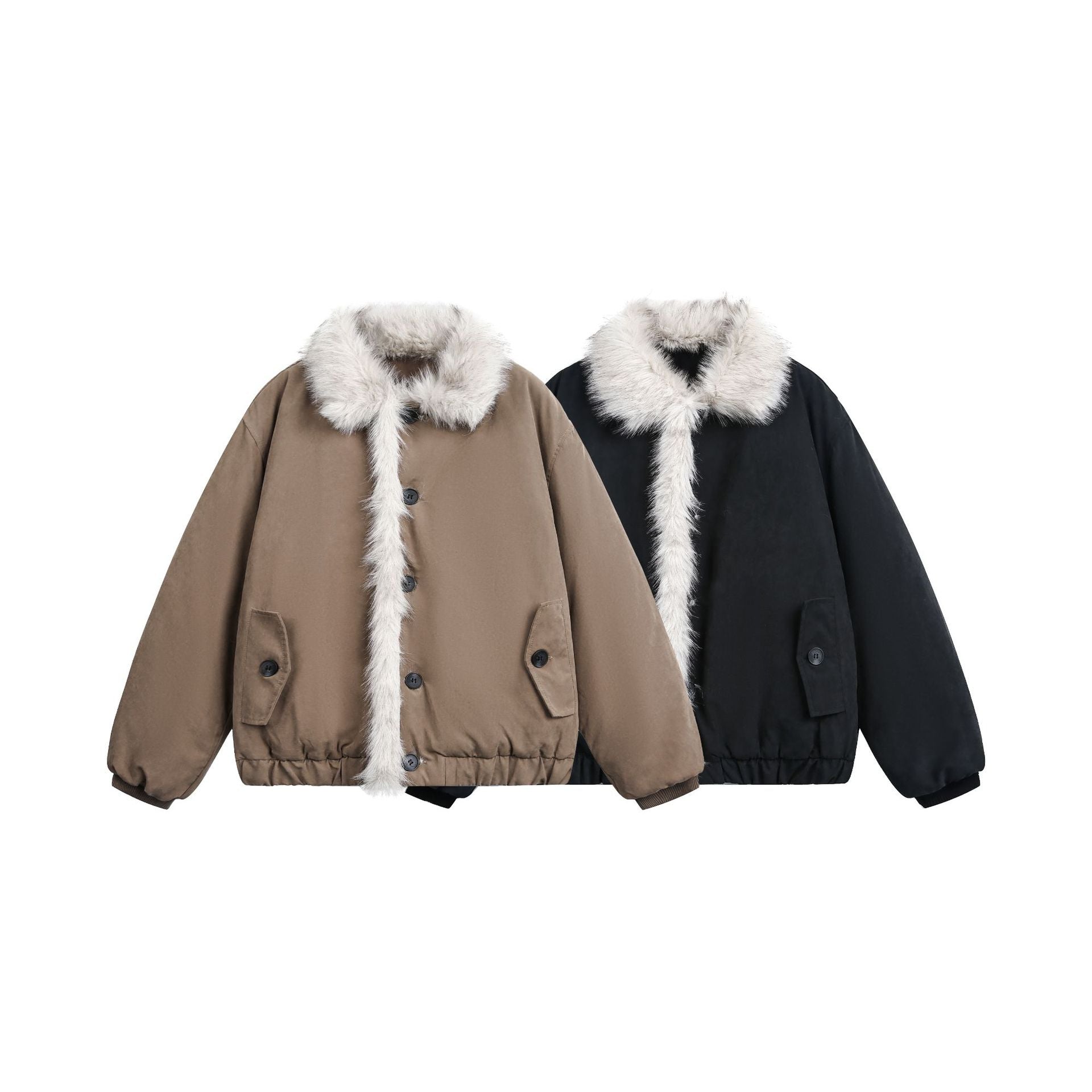 Women's short jacket in boxy cut with wide faux fur collar Chichicherry