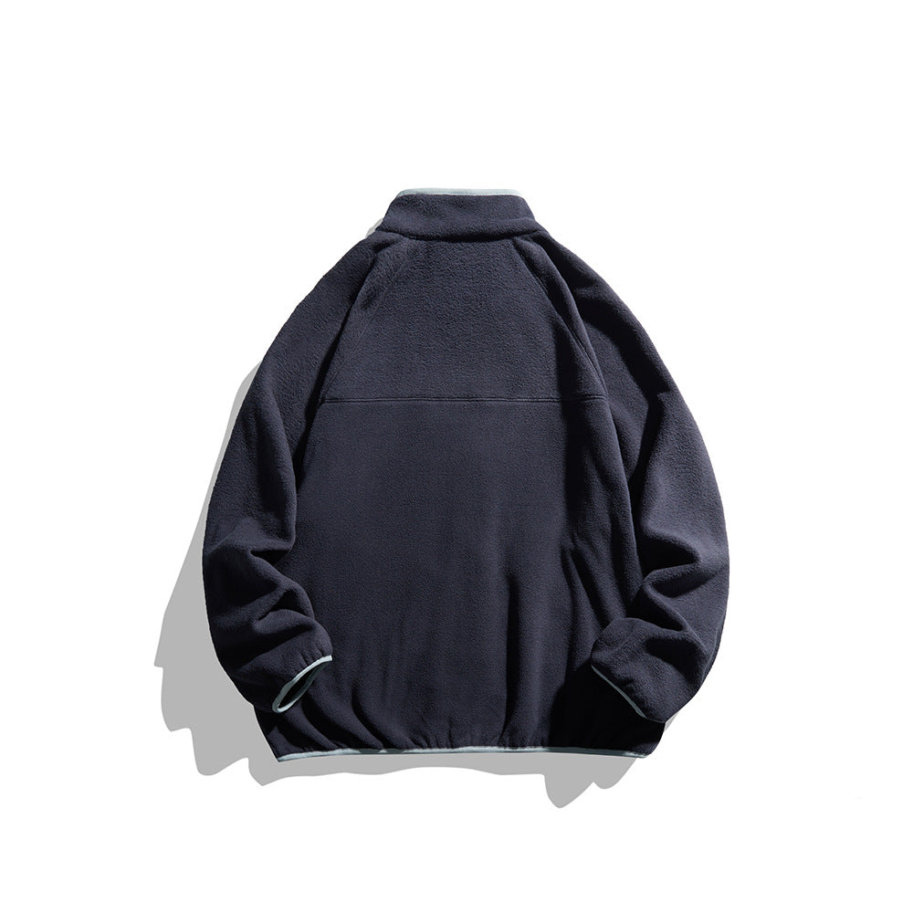 Unisex Oversize Fleece Jacket with Stand-Up Collar, Full-Length Zipper, and Contrast Piping Chichicherry