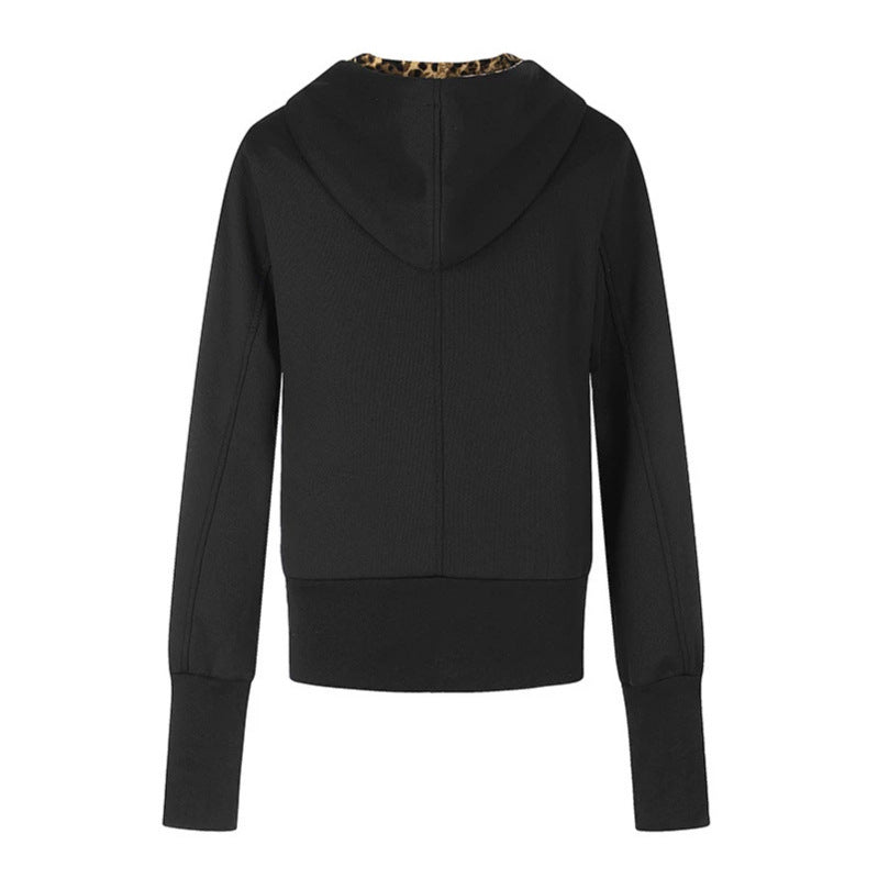 Women's Hooded Sweat Jacket with Full Zip, Gathered Front and Leopard Hood Lining Chichicherry