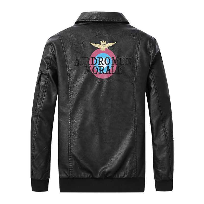 Men's faux leather aviator pilot jacket with emblem patches and concealed two-way zipper Chichicherry