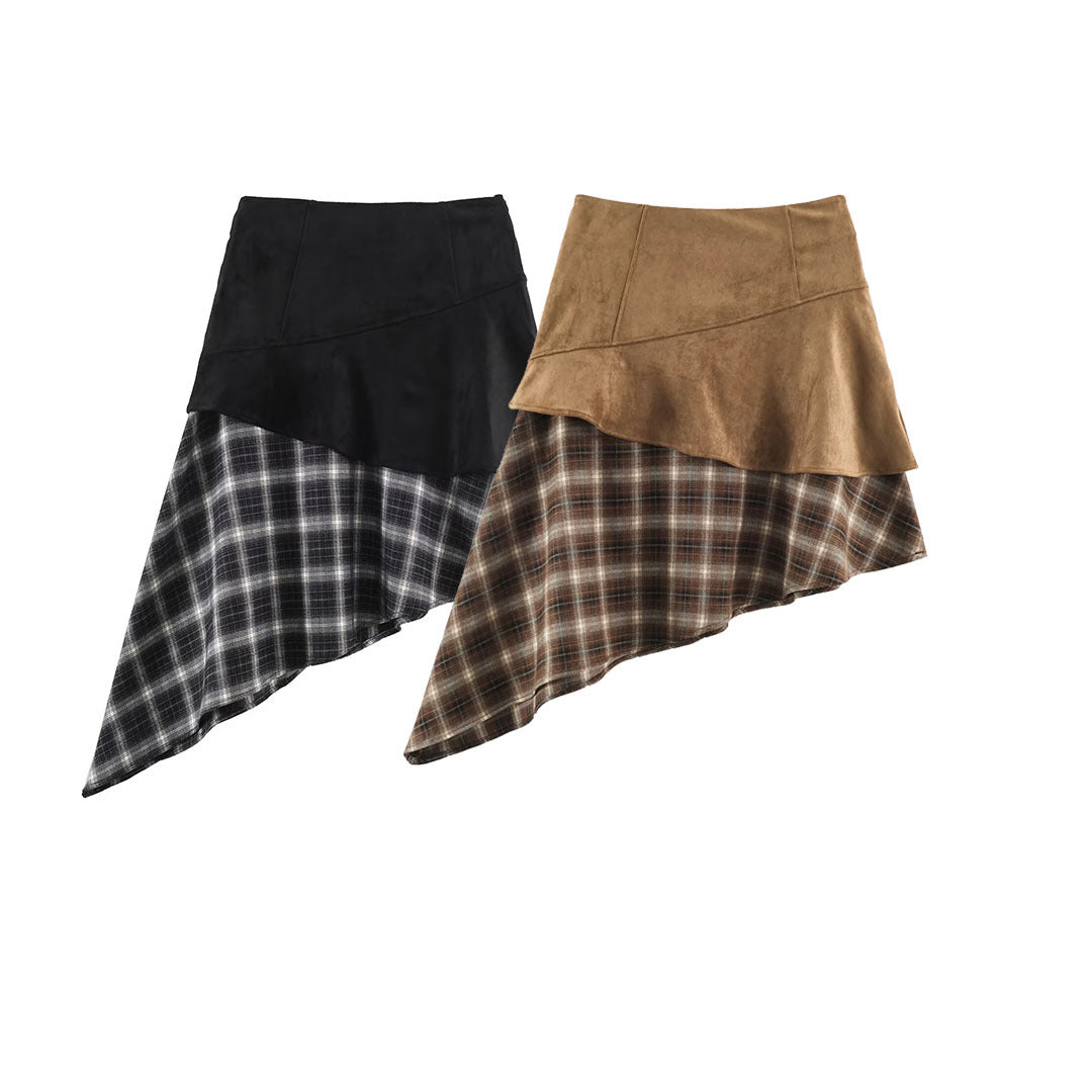 Women's asymmetrical layered skirt with faux leather overlay and checked chiffon ruffle Chichicherry