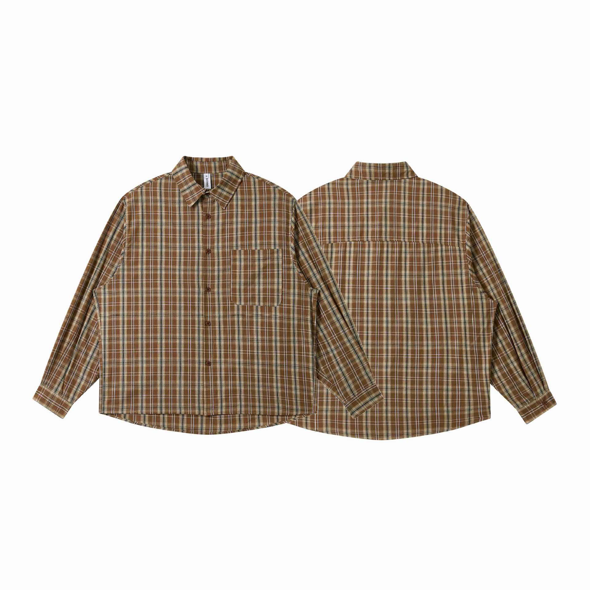 Men's Loose Check Work Shirt made of Cotton Blend with Patch Chest Pocket Chichicherry