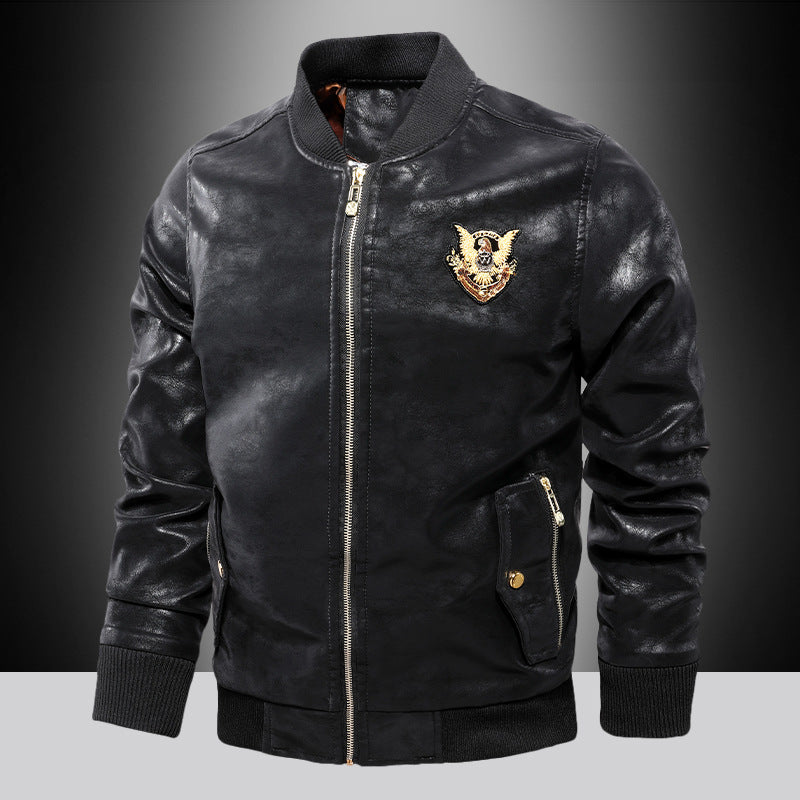 Men's Leather Look Bomber Jacket in Aviator Style with Patch Embroidery, Ribbed Cuffs, and Metal Zipper Chichicherry