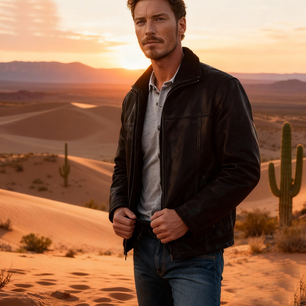 Men's Short Suede Field Jacket with Stand-Up Collar, Concealed Zipper, and Distinctive Decorative Seams Chichicherry