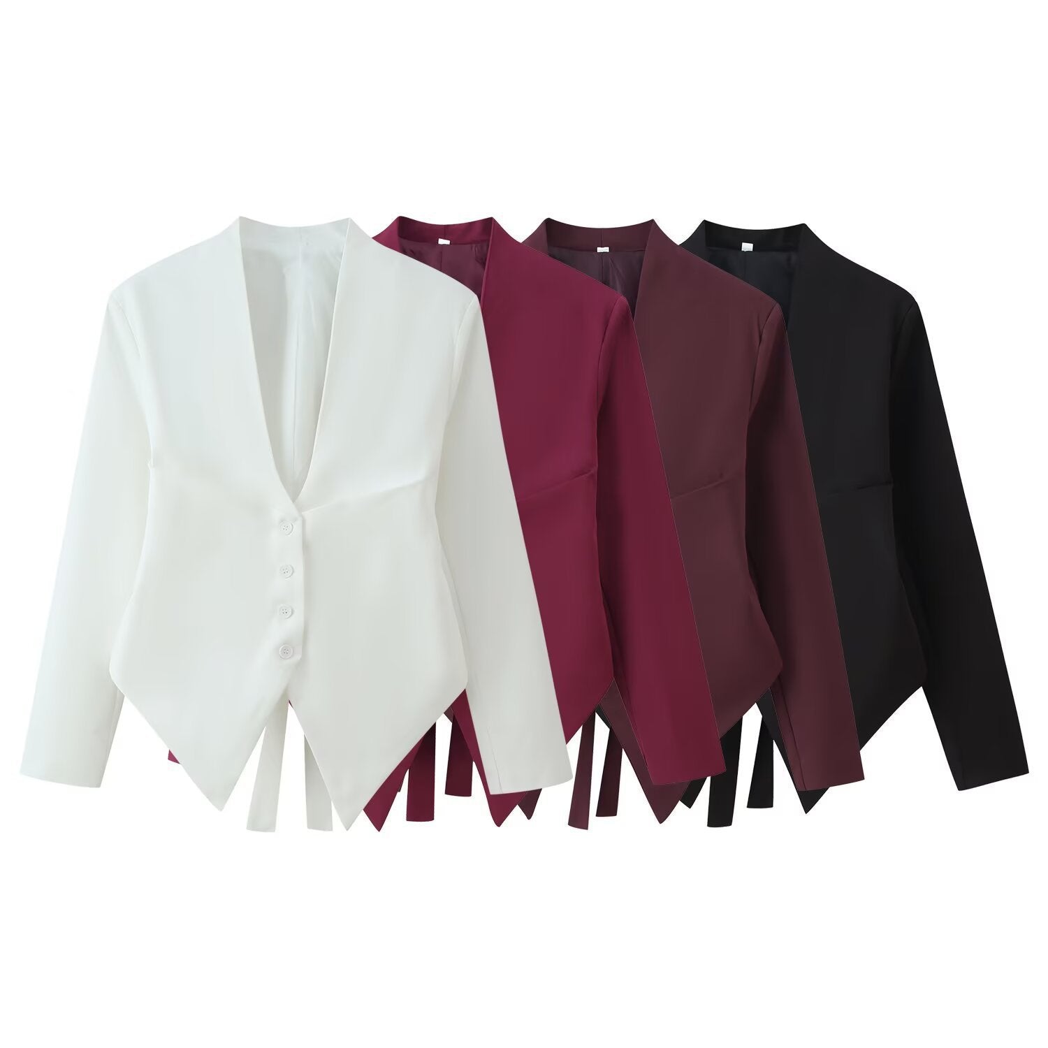 Women's Tailored Blazer with Pointed Hem and Deep V-Neck Chichicherry