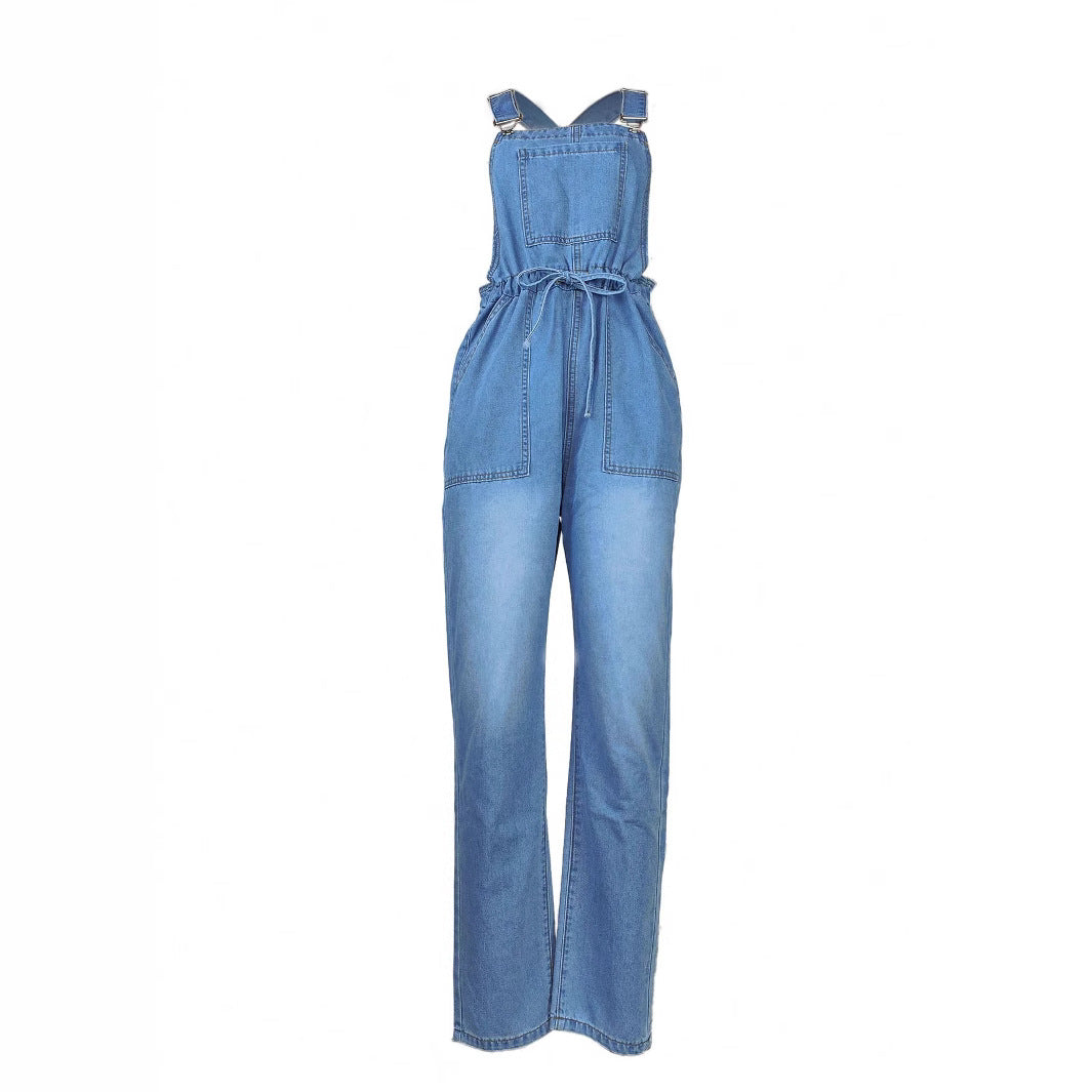 Women's Casual Denim Overall with Drawstring Waist and Patch Pockets Chichicherry