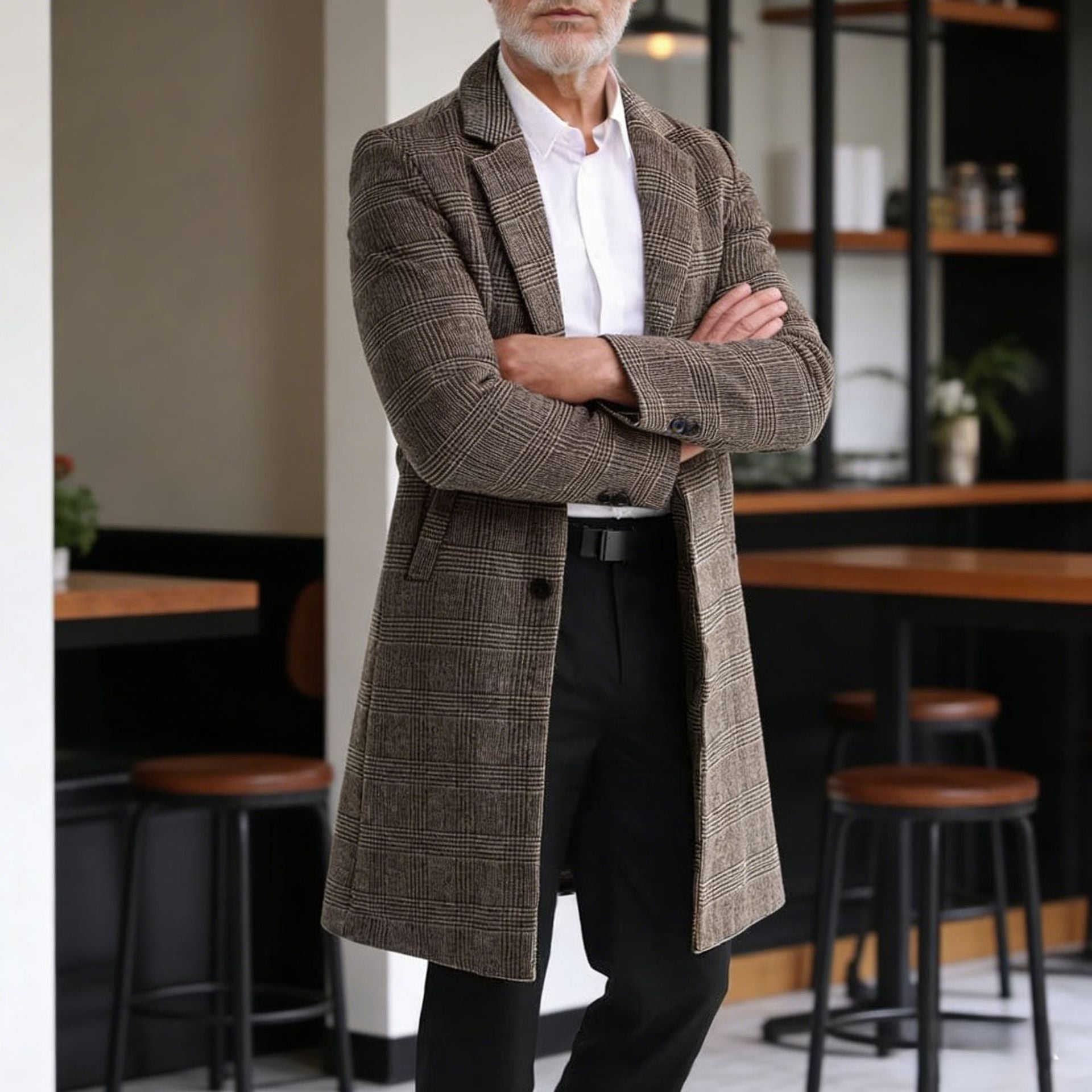 Herren Wollblendmantel im Glencheck mit schlanker langer Silhouette Chichicherry