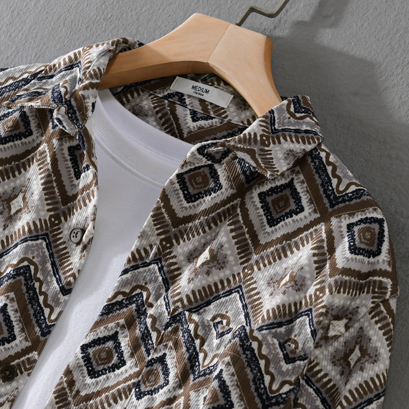 Men's Patterned Overshirt in Relaxed Fit with Geometric Diamond Print and Chest Pocket Chichicherry
