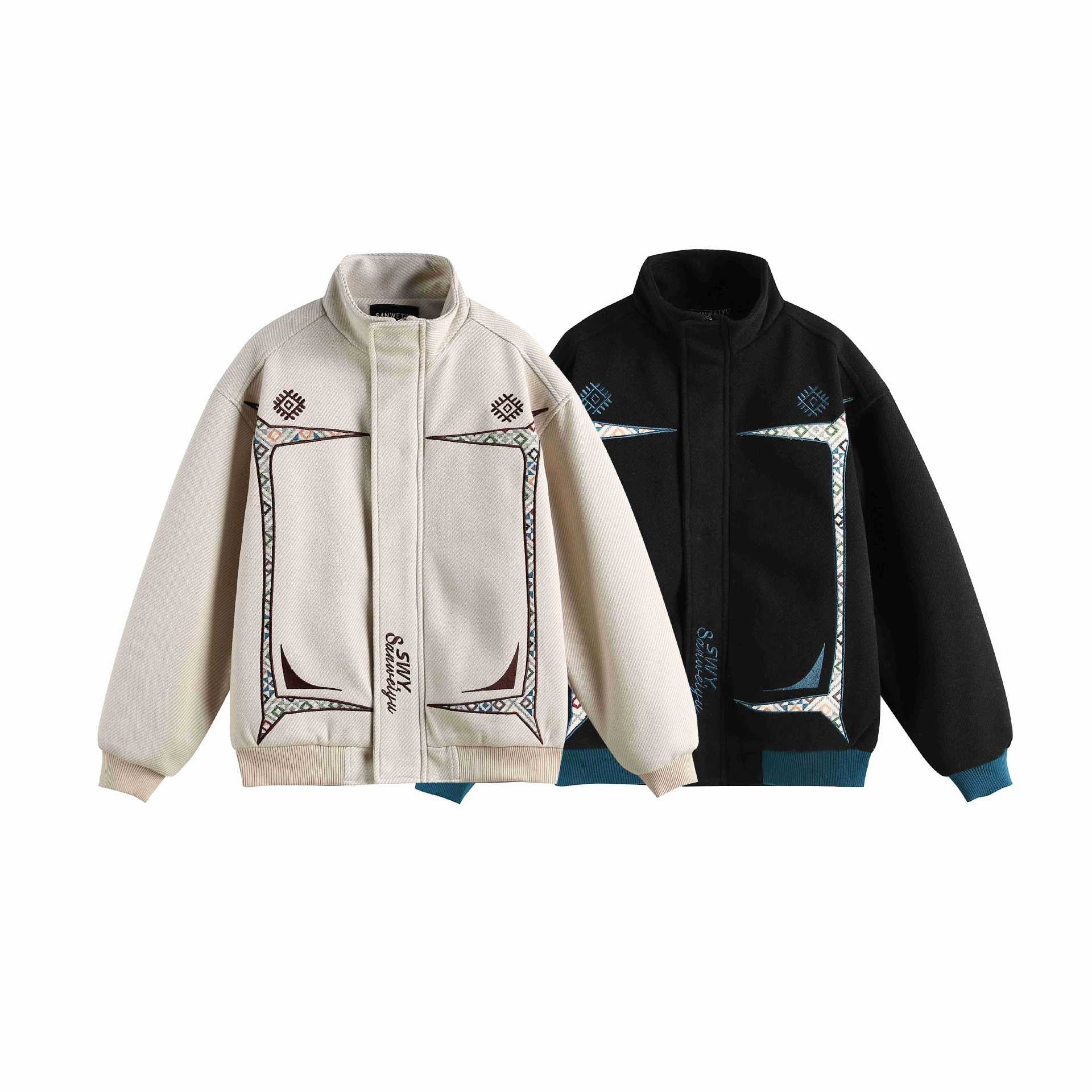 Women Lightweight Stand Collar Jacket with Folk Embroidery Appliqués and Ribbed Cuffs Chichicherry