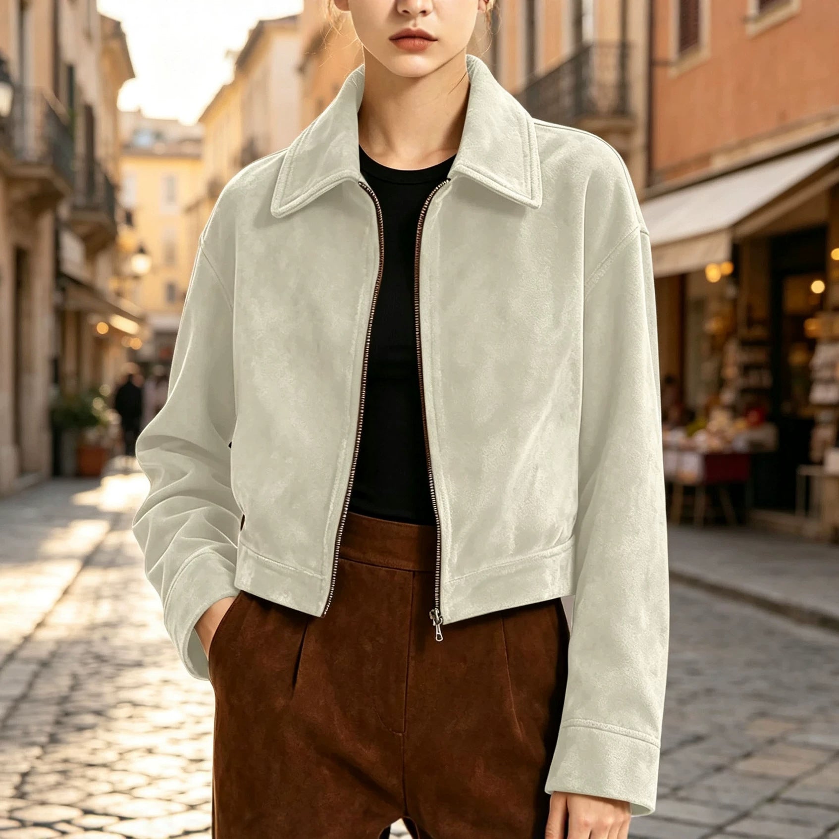 Women's short jacket made of suede look with zipper and wide shirt collar Chichicherry