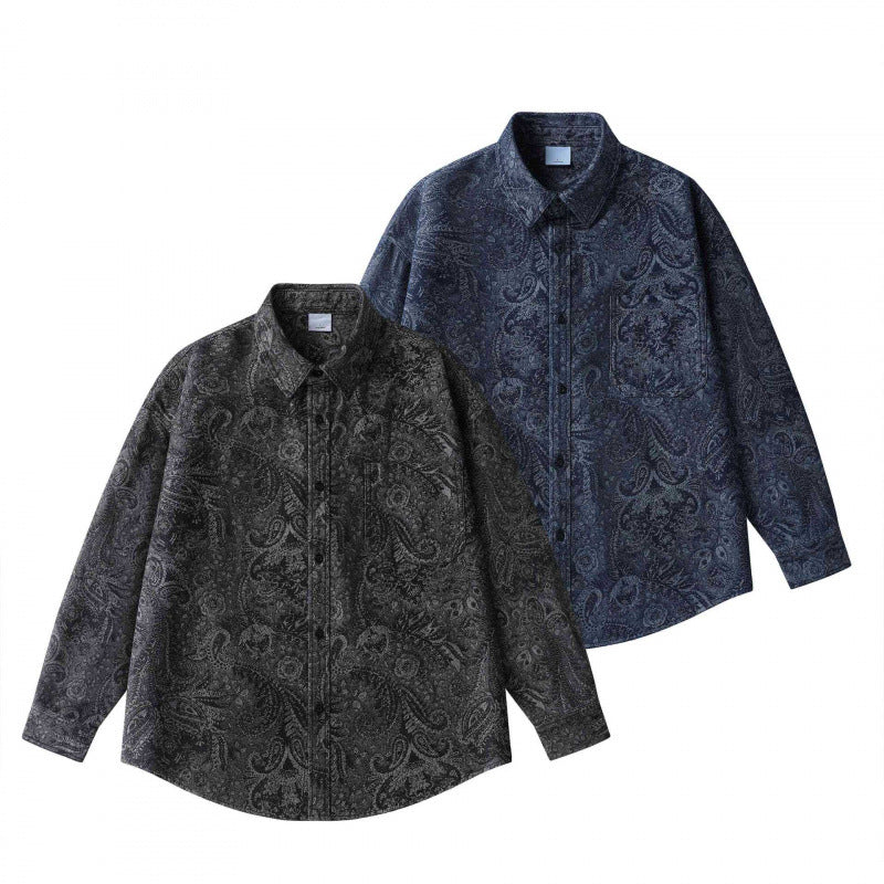 Unisex Oversized Shirt Jacket with Paisley Jacquard, Full Button Placket and Chest Pocket Chichicherry