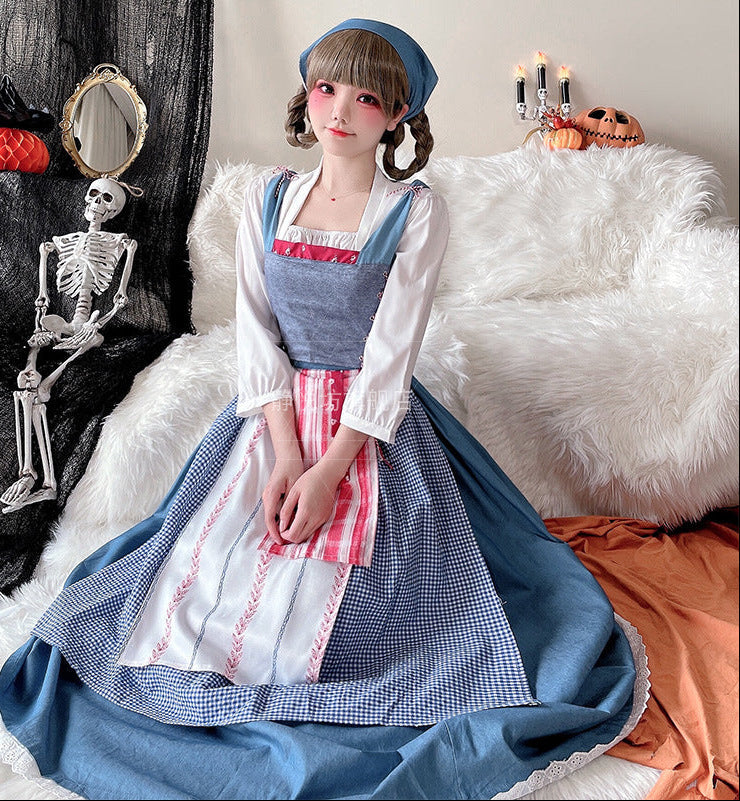 Ladies Vintage Apron Dress with Flowing Skirt and Delicate Ruffle Details Chichicherry