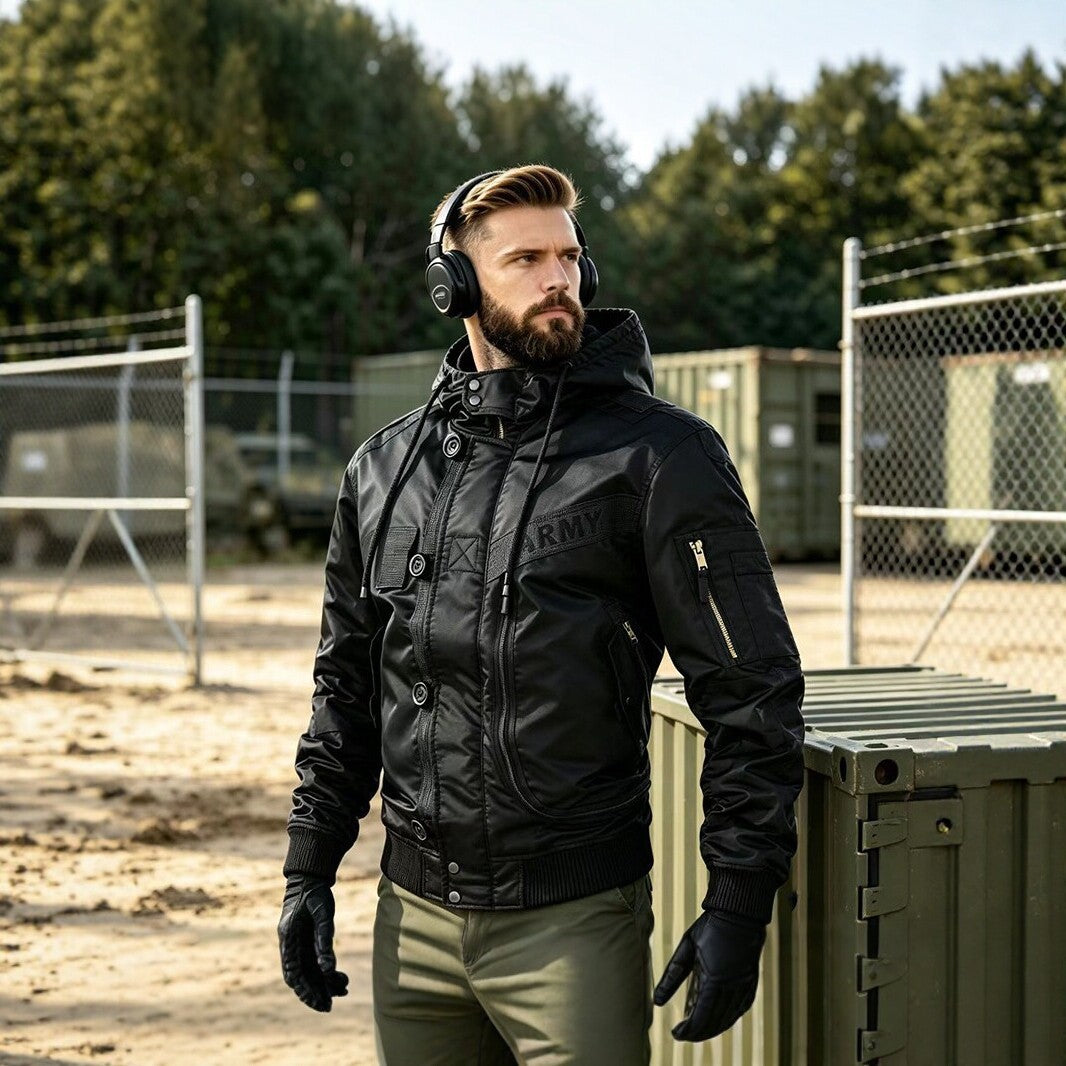 Men's Military-Inspired Hooded Bomber Jacket with Utility Pockets Chichicherry