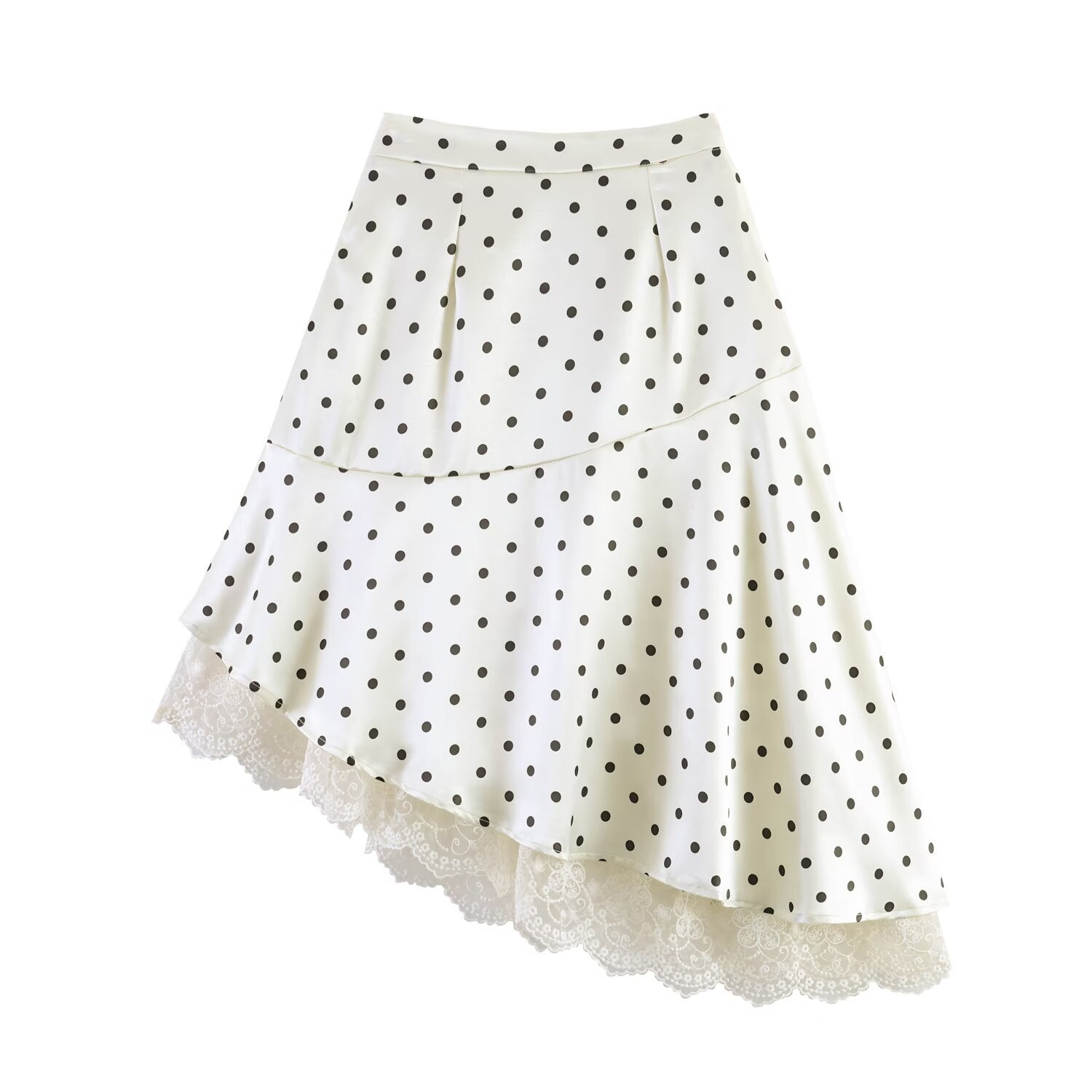 Women's Asymmetric Tiered Skirt with Ruffles, Dots, and Lace Trim Chichicherry