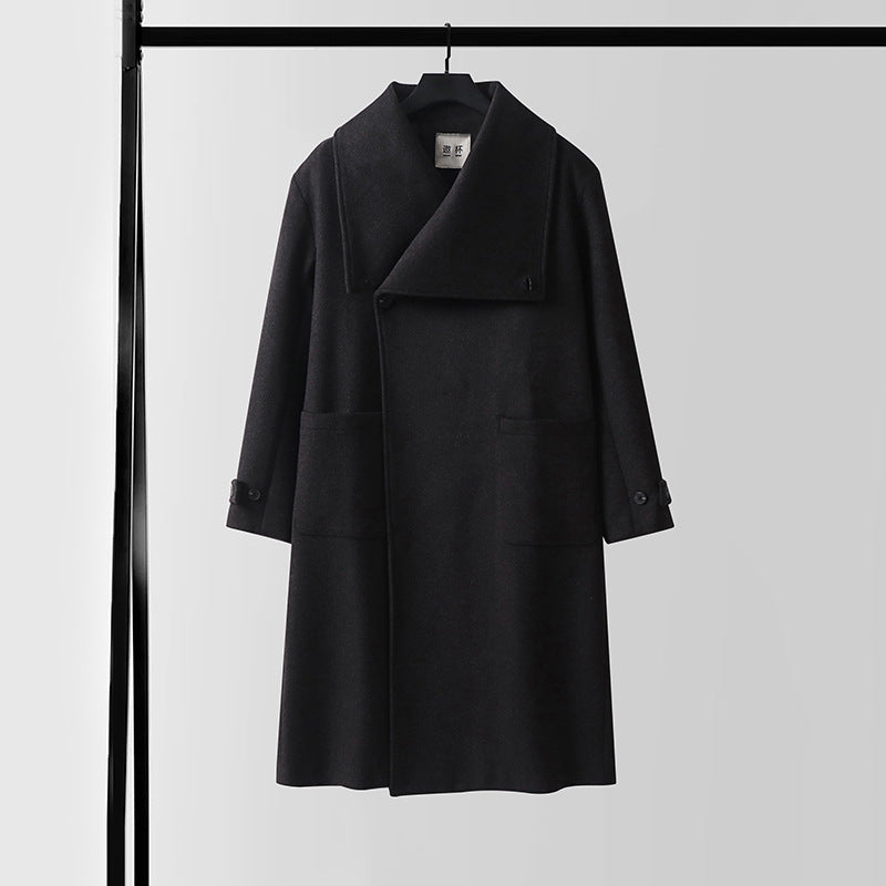 Ladies Elegant long wool mix cocoon coat with overlapping shawl collar and patch pockets Chichicherry