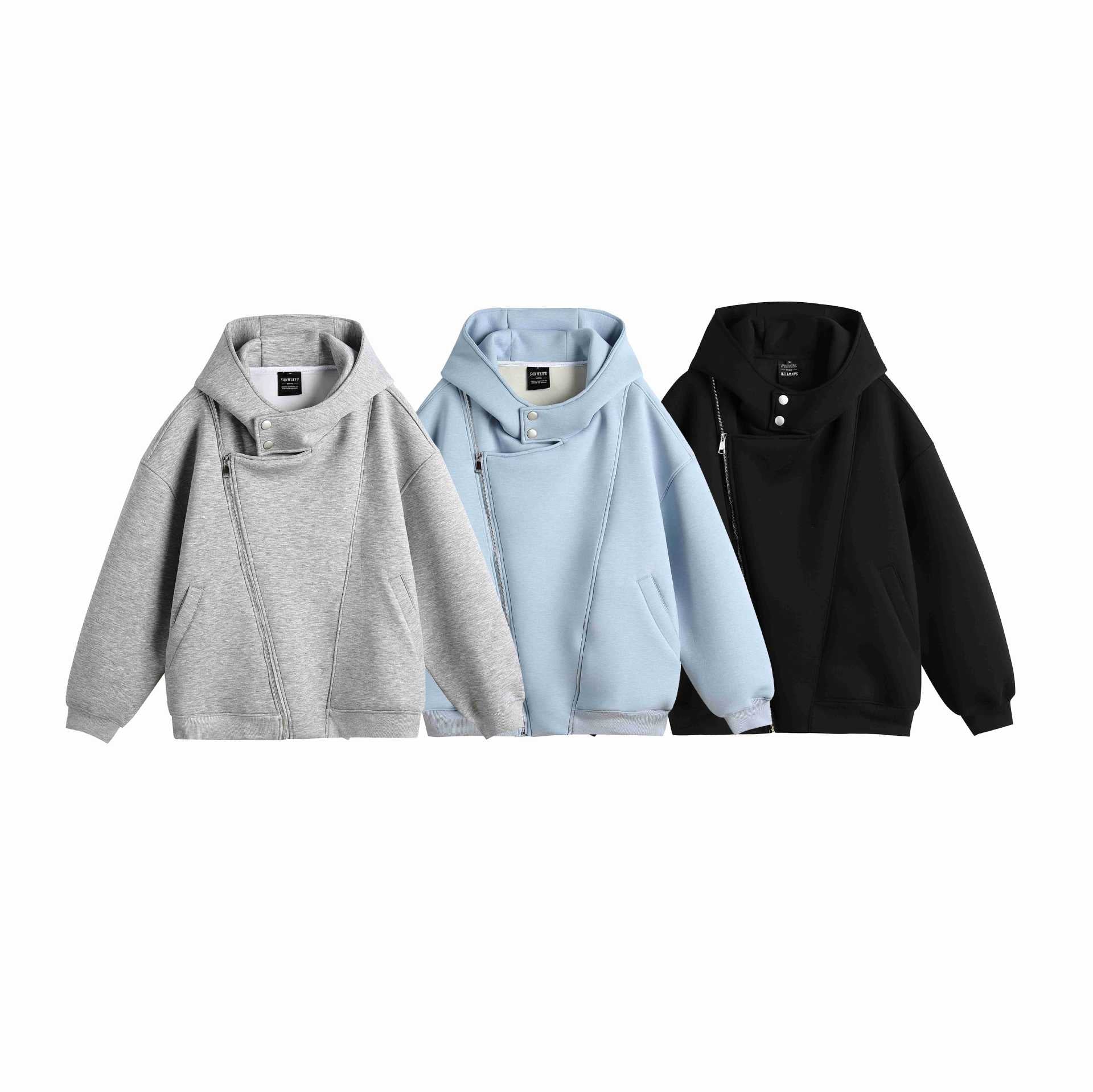 Unisex Oversize Hooded Zip Jacket with Asymmetrical Zip and High Funnel Collar Chichicherry