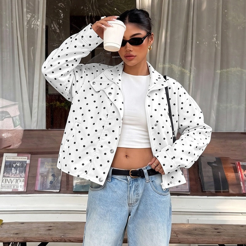 Women's short cut polka dot transitional jacket with stand-up collar and snap button closure Chichicherry