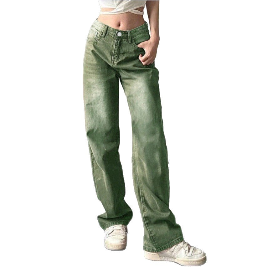 Ladies high-waisted wide denim jeans with straight leg and vintage wash Chichicherry