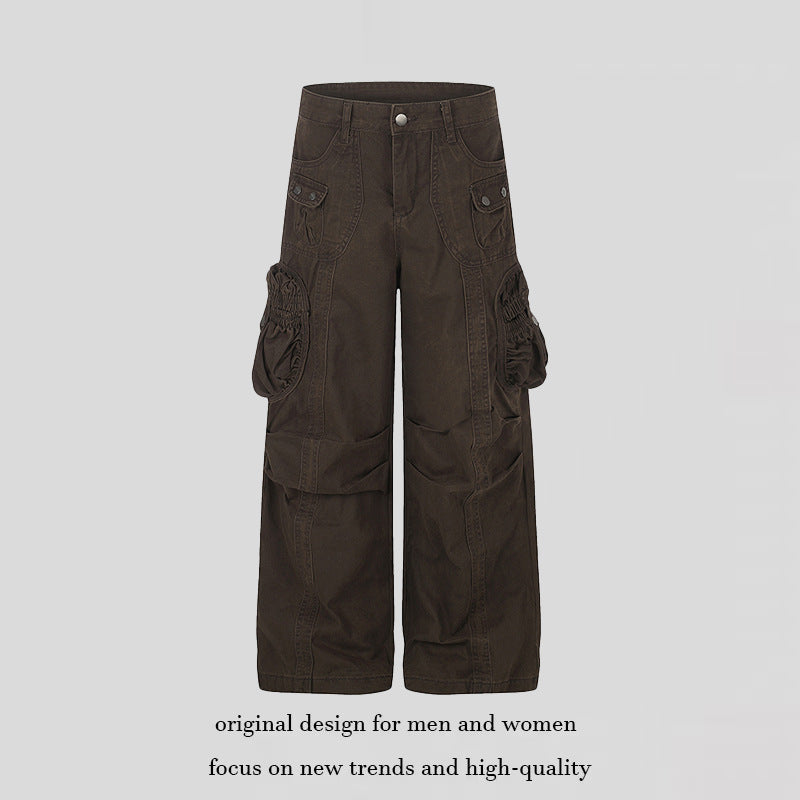 Women's wide utility cargo pants with gathered side pockets and decorative seams Chichicherry