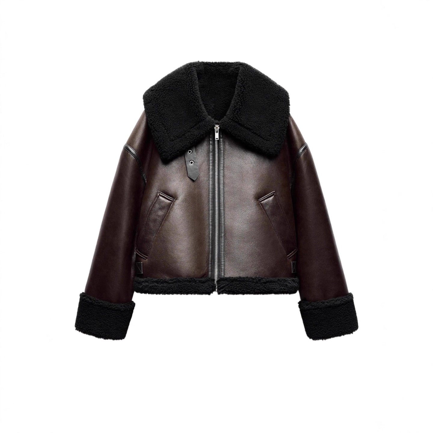 Women's short-cut aviator jacket made of lambskin imitation with a large teddy collar Chichicherry