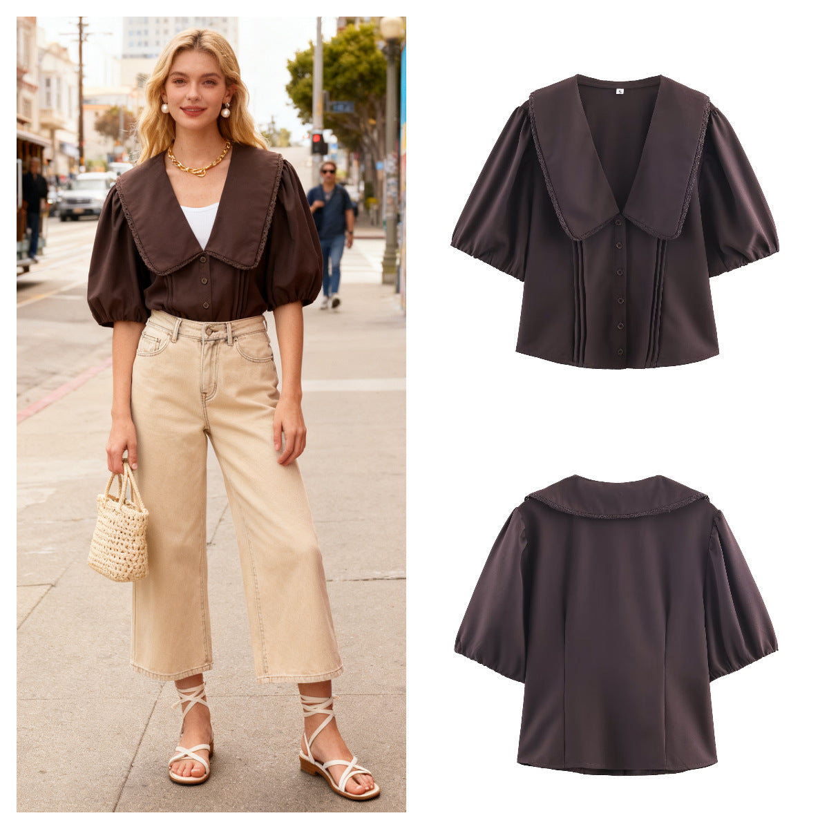 Ladies' blouse with oversized sailor collar, puff sleeves, and pleats Chichicherry