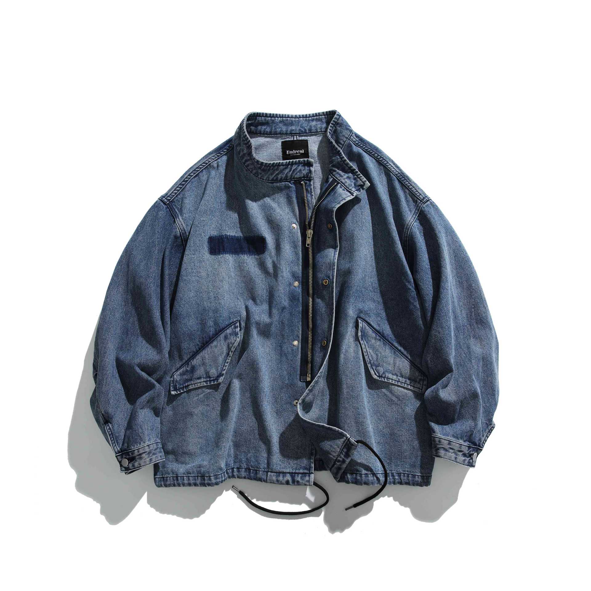 Unisex Short Cut Denim Utility Blouson with Stand Collar and Drawstring Chichicherry