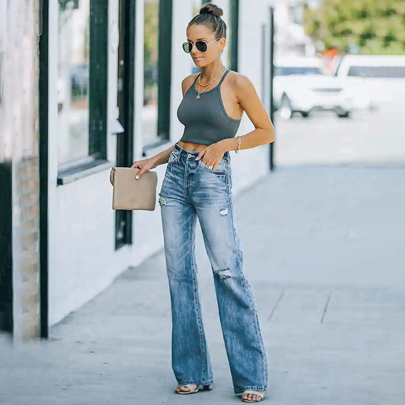Women's High-Waisted Loose Straight-Leg Jeans with Destroyed Details Chichicherry