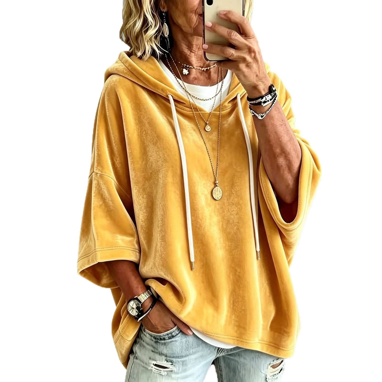 Women's Short Sleeved Oversized Velvet Hoodie with Drawstring Chichicherry