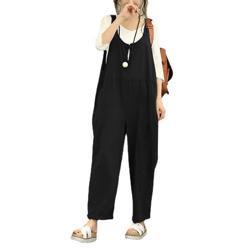 Women Casual Harem Jumpsuit made of Linen with Adjustable Straps and Side Pockets Chichicherry