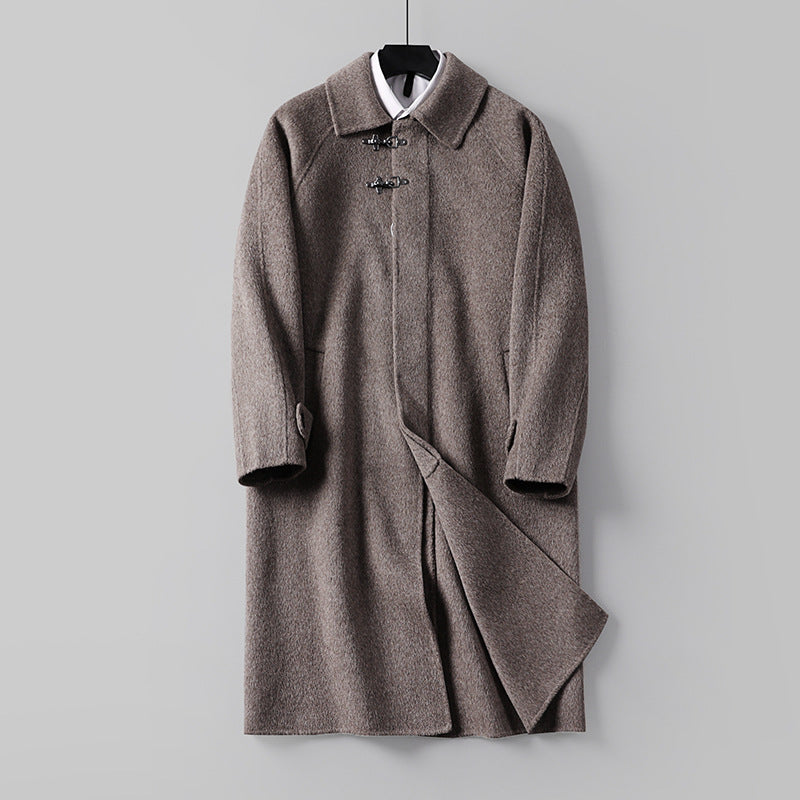 Men's Straight Wool Blend Long Coat with Concealed Front and Decorative Toggle Closures Chichicherry