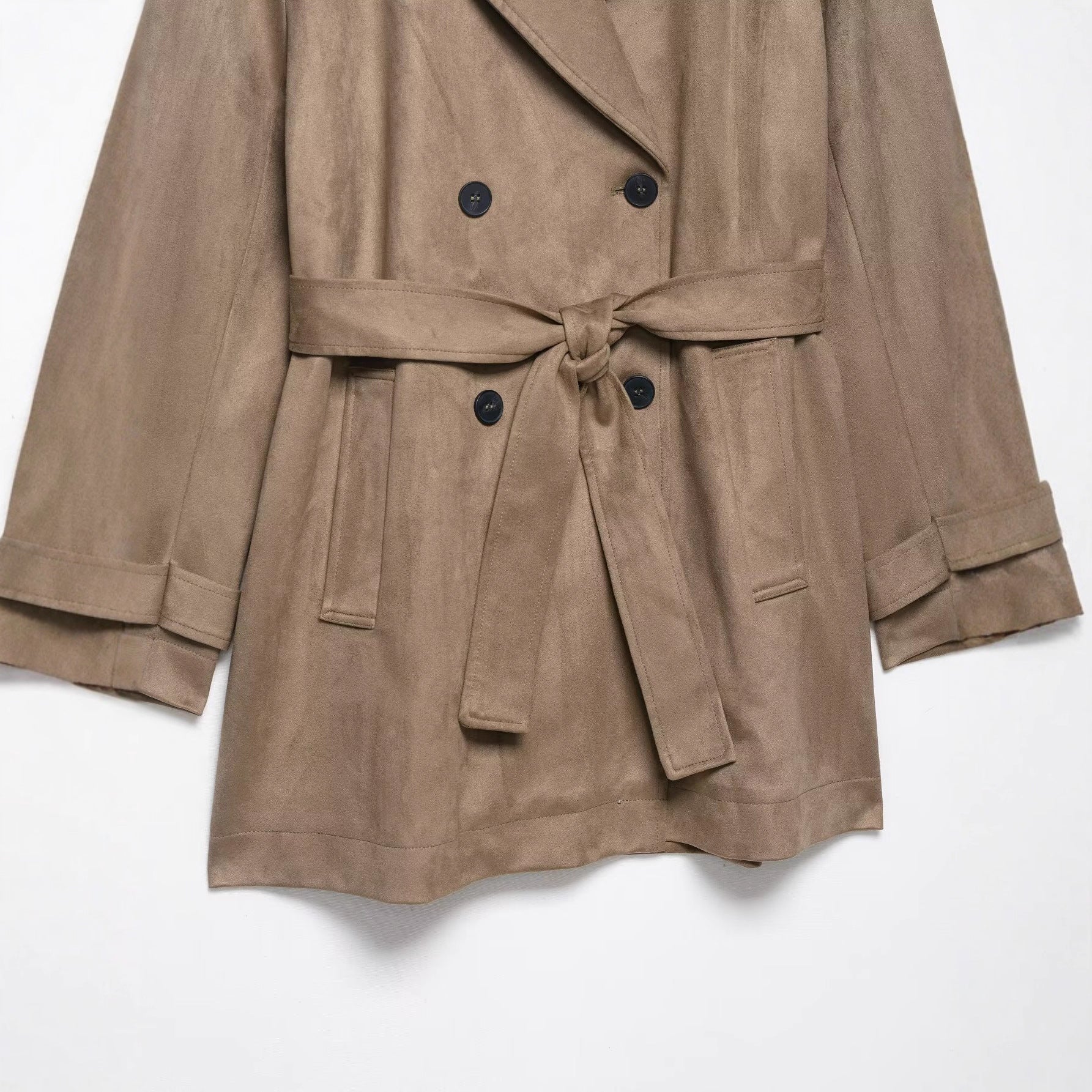 Women's Double Breasted Suede Effect Trench Coat with Waist Belt Chichicherry