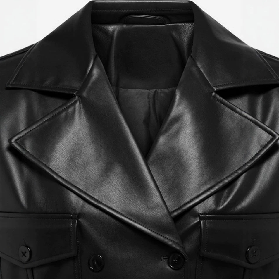 Women short cut double-breasted leather jacket with wide lapels Chichicherry