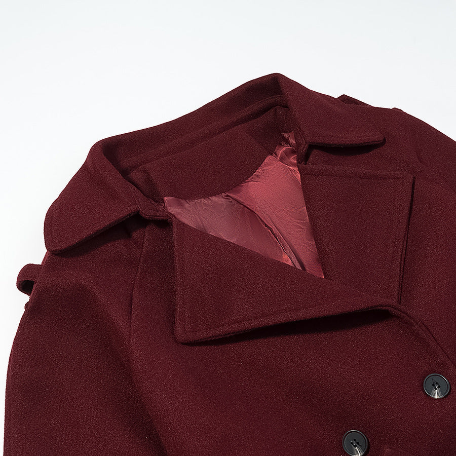 Women Maxilength Wool Blend Trench Coat with Shoulder Yoke, Tie Belt and Roll-Up Sleeves Chichicherry