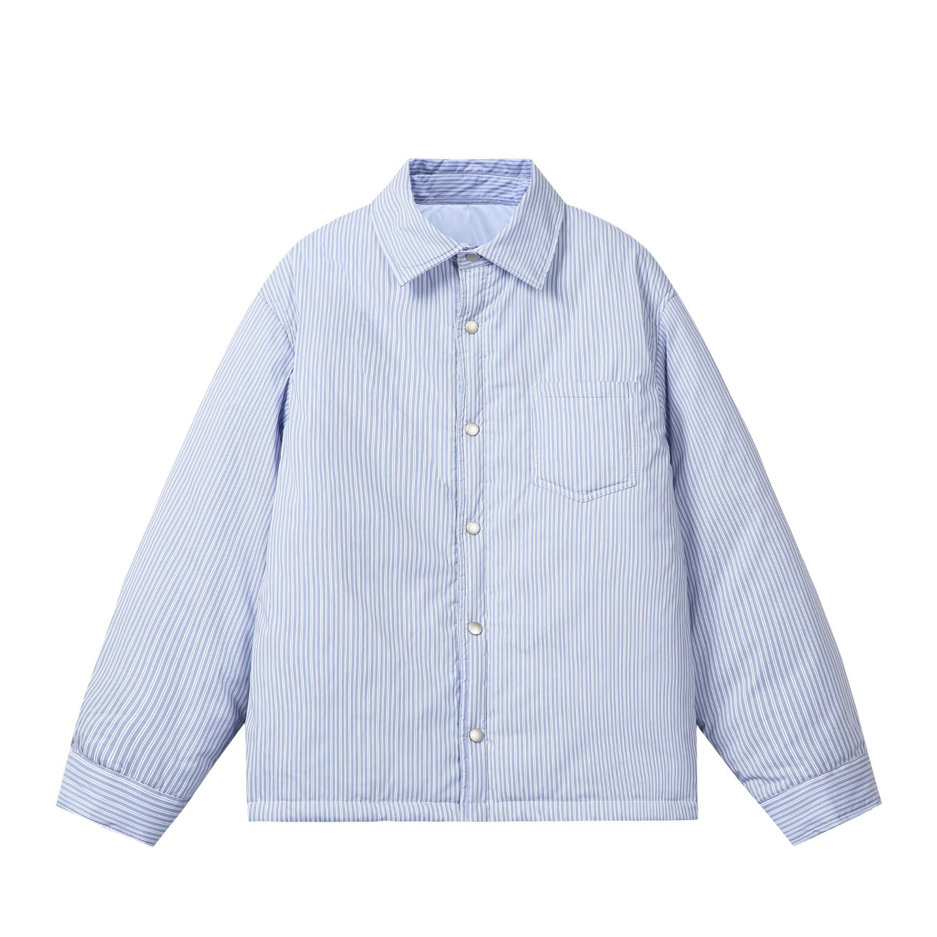 Unisex Striped Boxy Shirt Jacket with Snap Button Placket and Chest Pocket Chichicherry