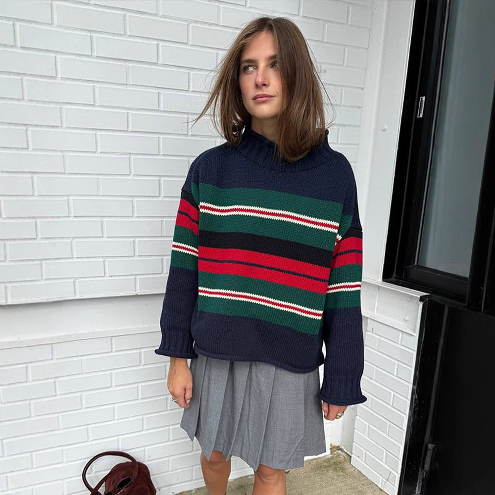 Women Striped Oversize Knit Sweater with Raglan Sleeves Chichicherry
