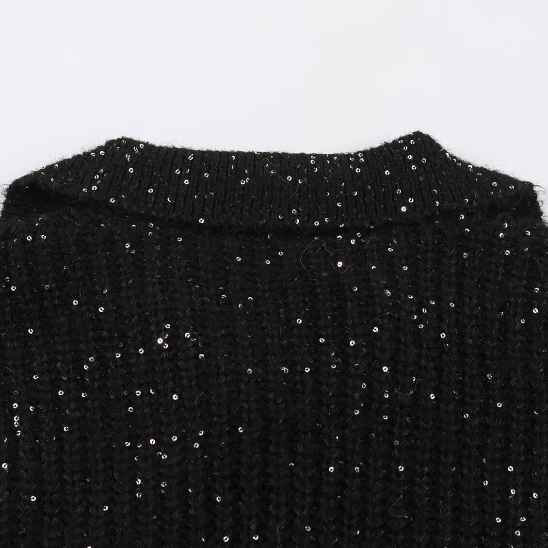Women's Chunky Knit Sweater with Wide Lapel Collar and Sequin Trim Chichicherry